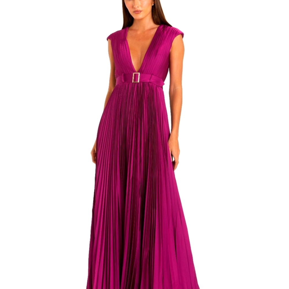 NWT Mac Duggal Pleated Plunge Neck Belted A Line Gown Raspberry 14 #8613